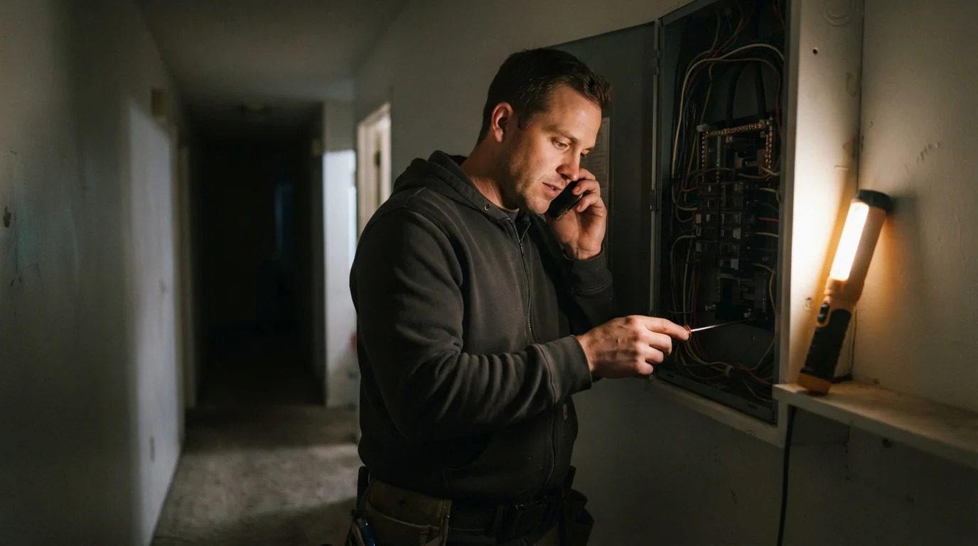 Electrician working at a panel during a night call