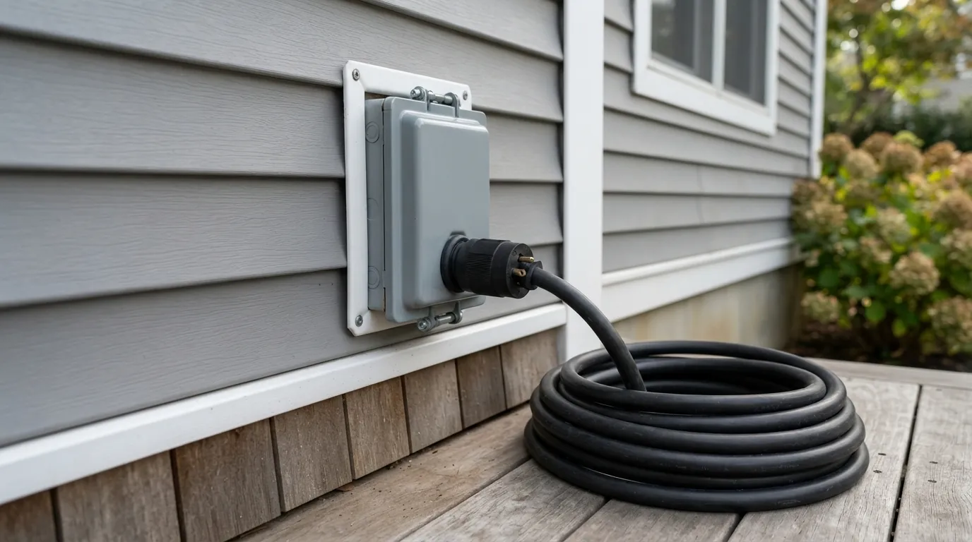 Twist-lock generator cord next to an outdoor inlet box
