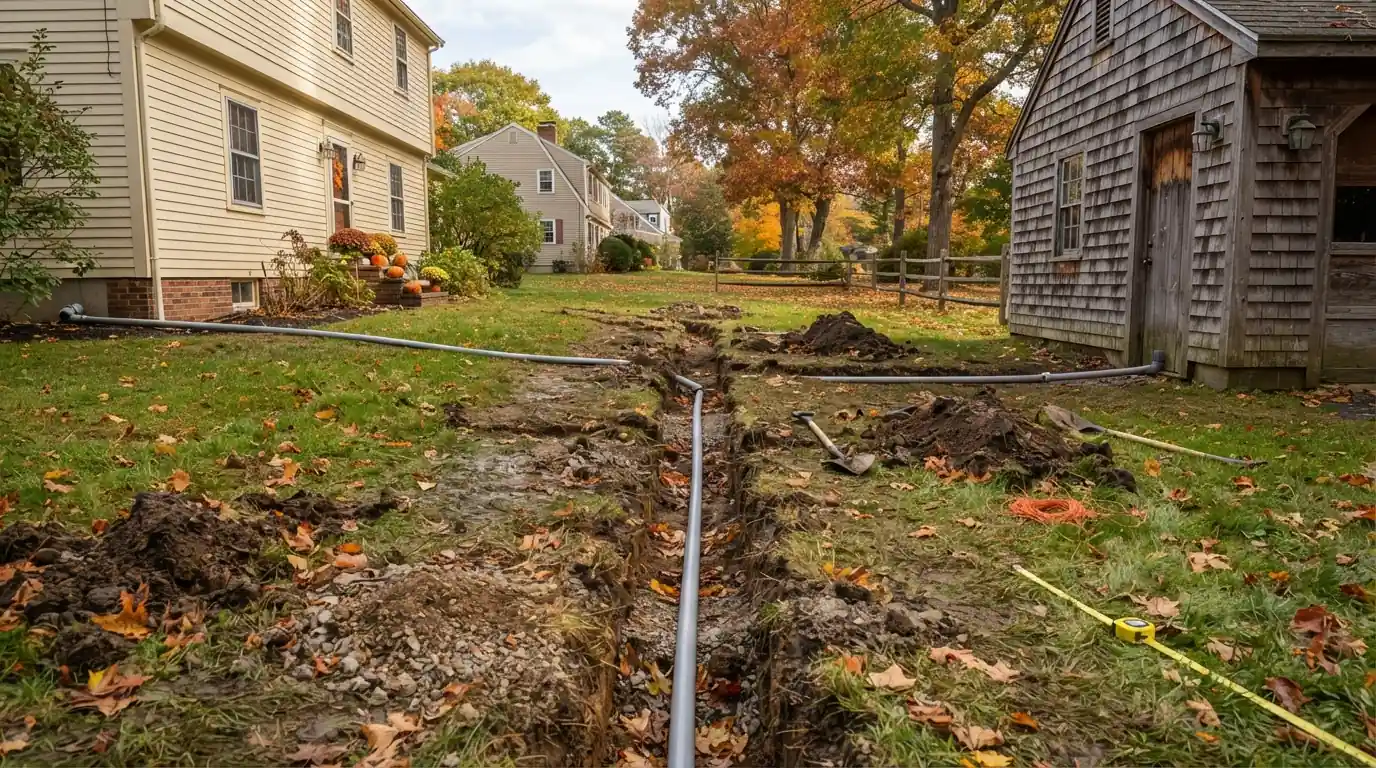 Trench with PVC conduit running from a house toward a detached garage