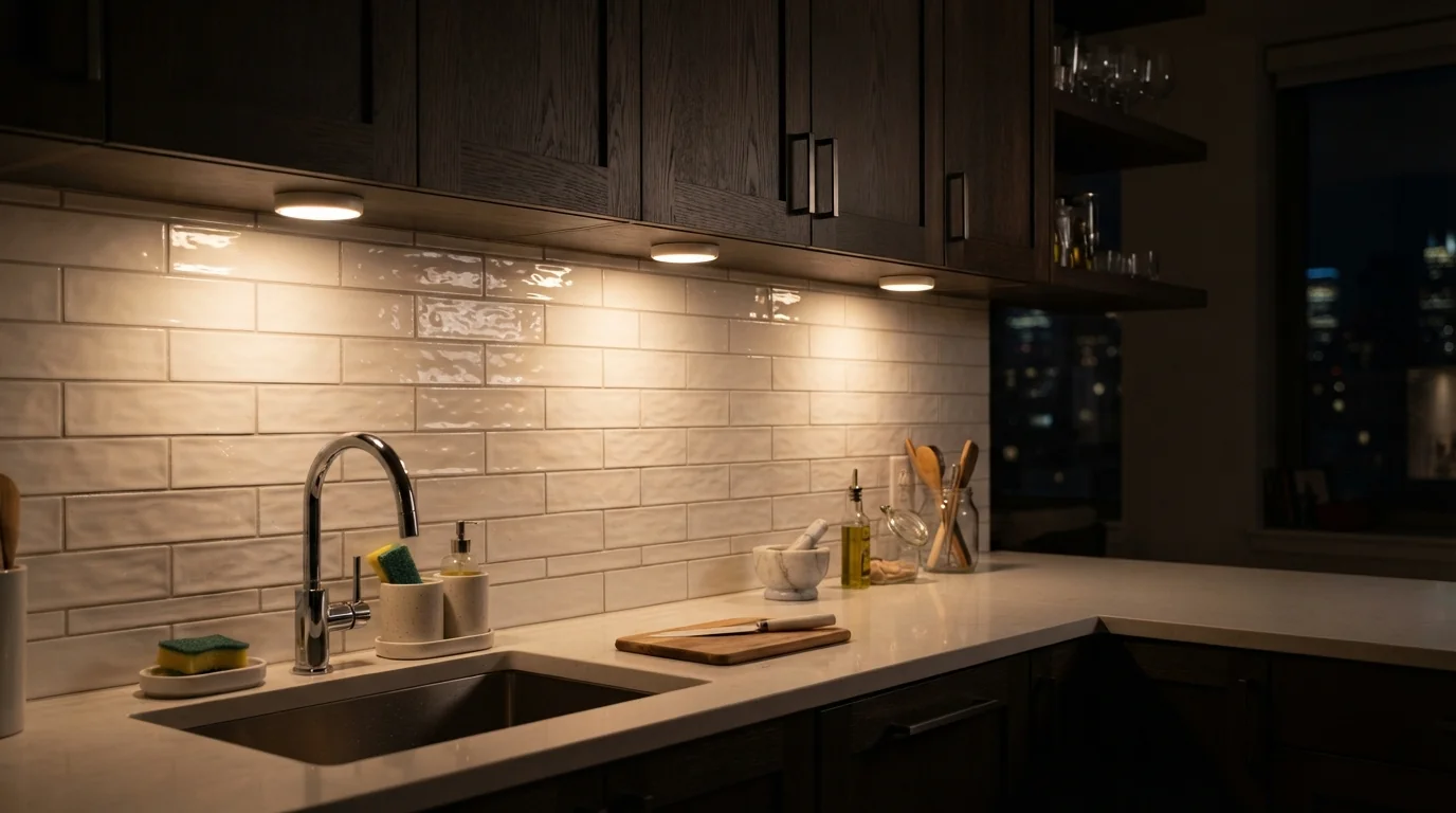 LED puck lights under dark wood kitchen cabinets
