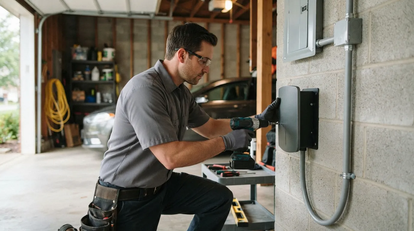 Level 2 charger being mounted in a home garage
