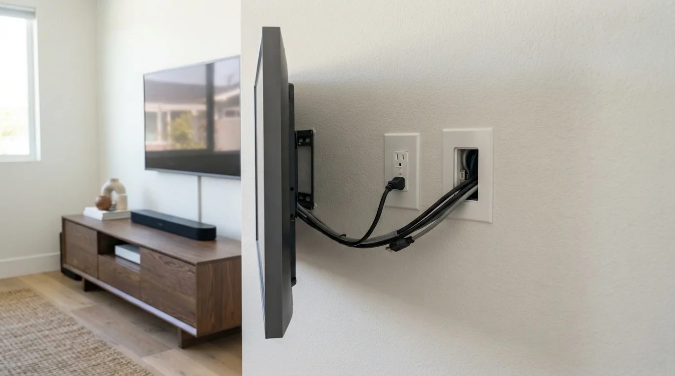Recessed outlet and cable pass-through behind a TV position