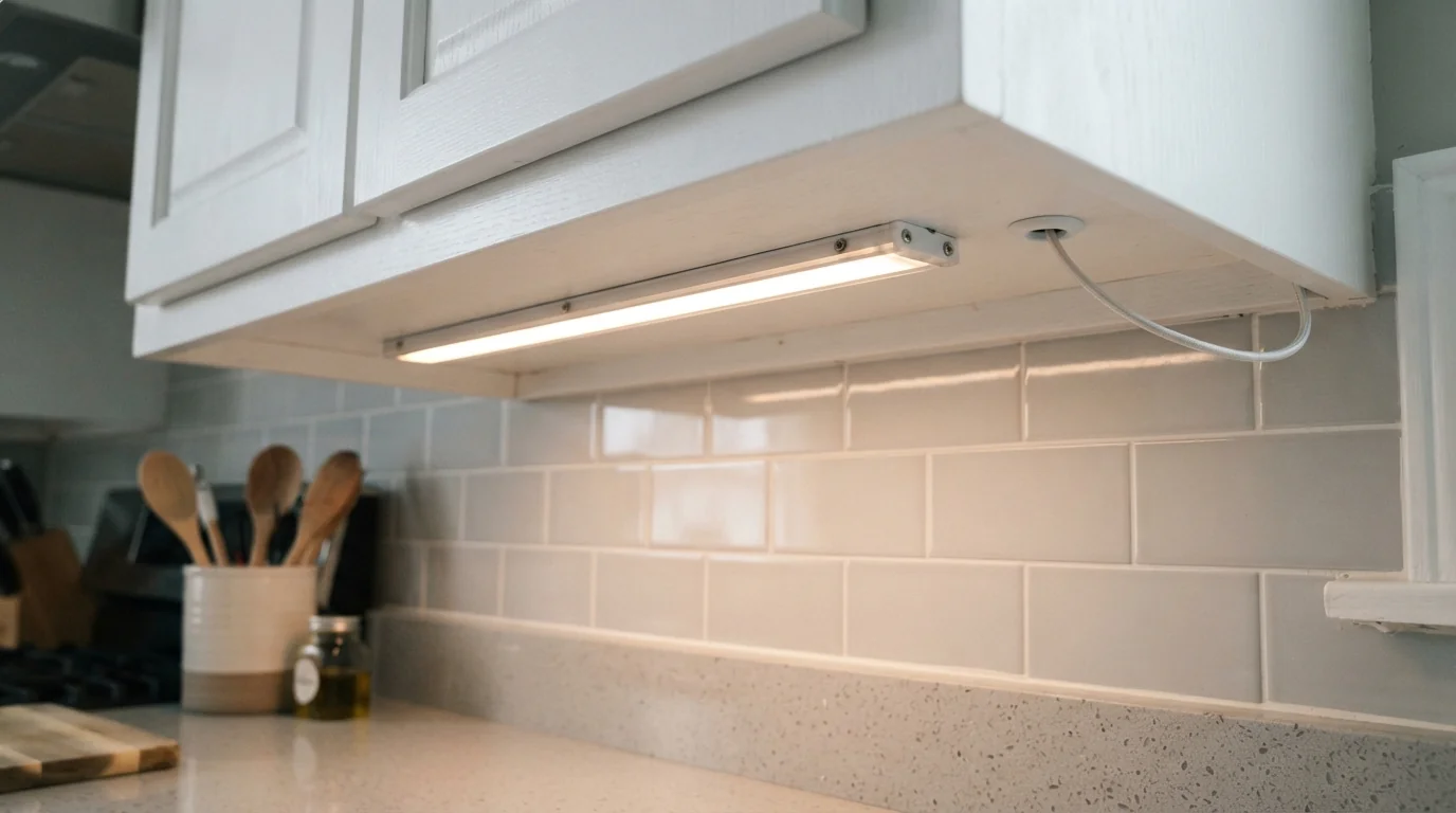 Slim LED light bar mounted under a kitchen cabinet