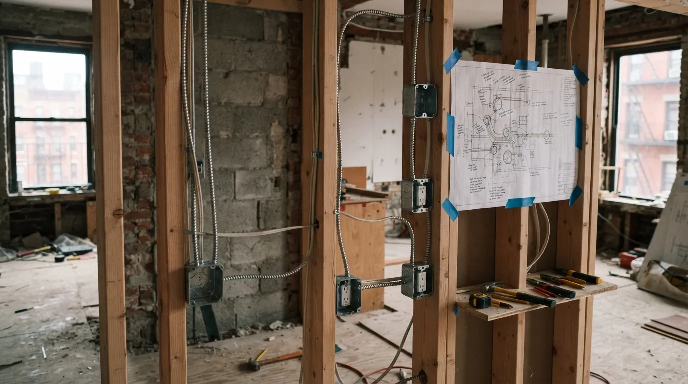 Rough-in wiring on open studs during a New York kitchen renovation