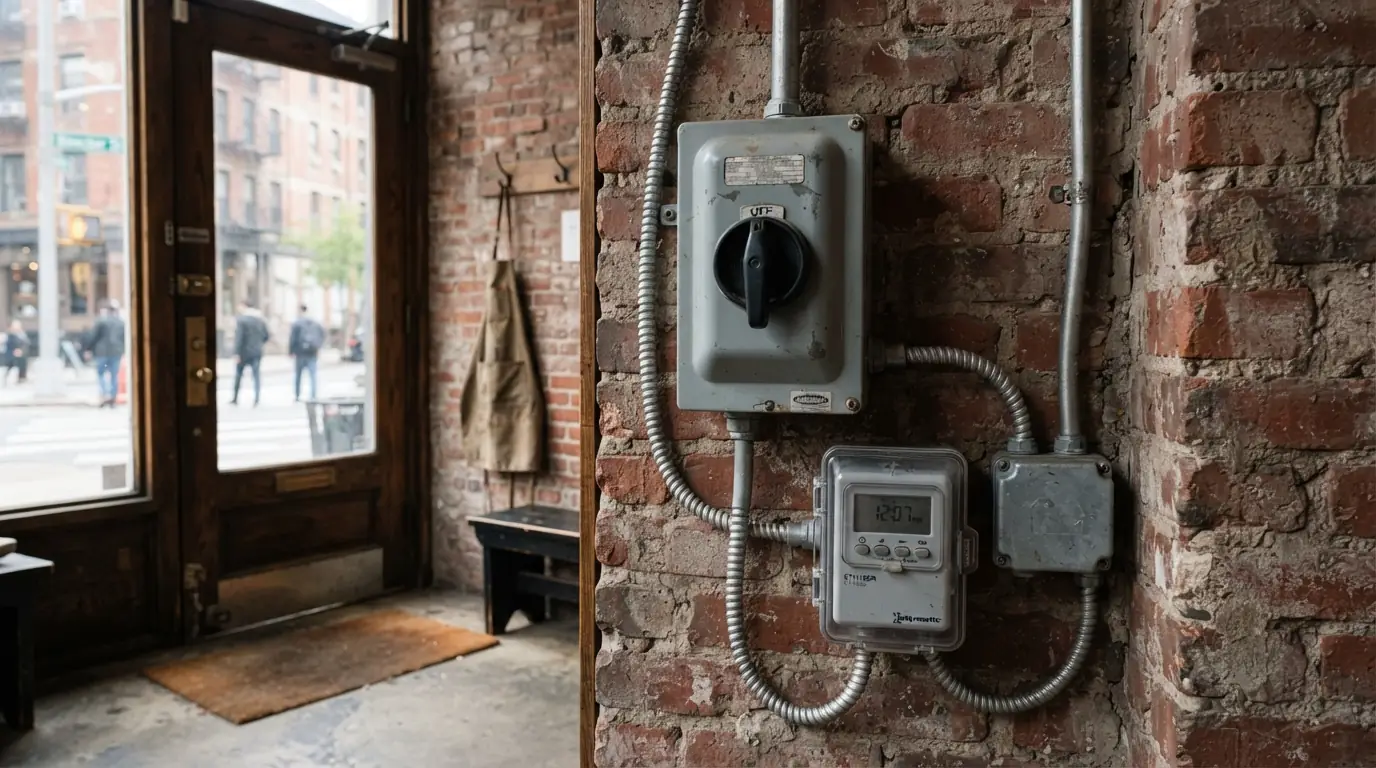 Sign disconnect and timer inside a shop entry