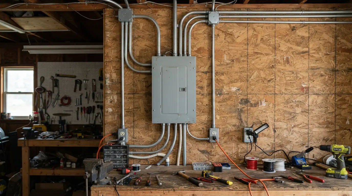Garage subpanel above a workbench