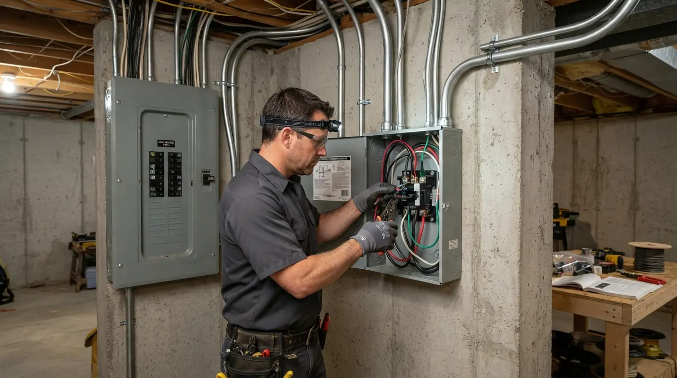 Automatic transfer switch being wired beside a main panel for a standby generator