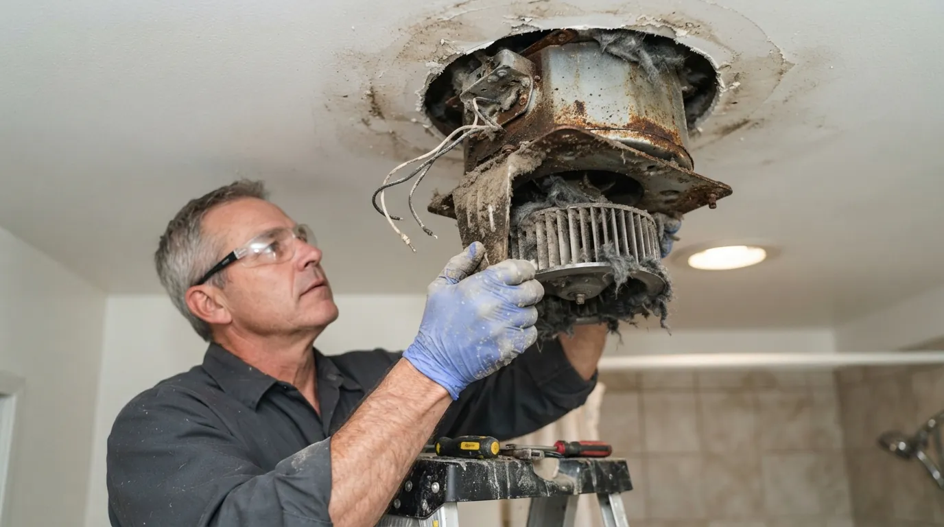 Old bathroom fan motor being removed from its housing in a New York apartment