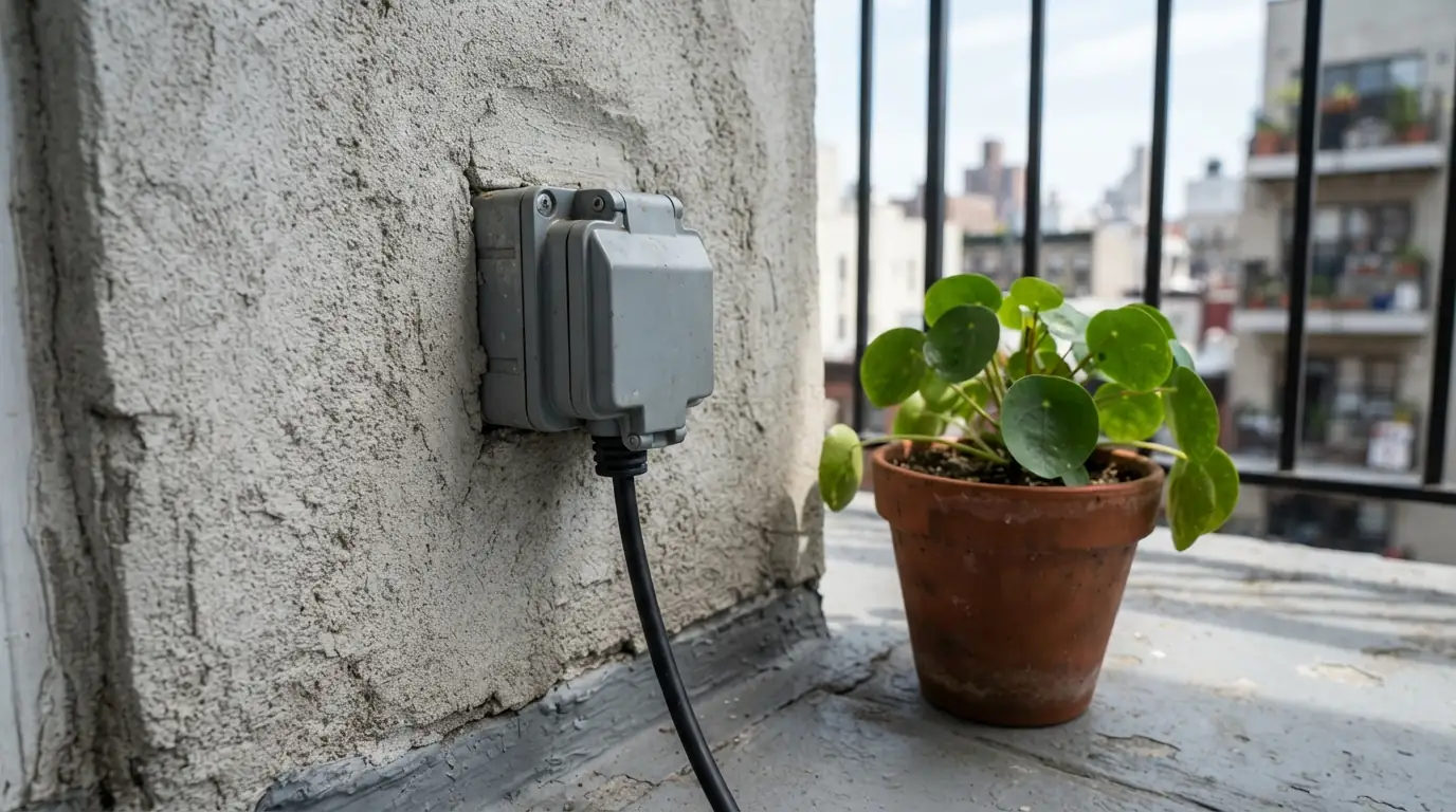 Outdoor outlet with an in-use cover on a balcony