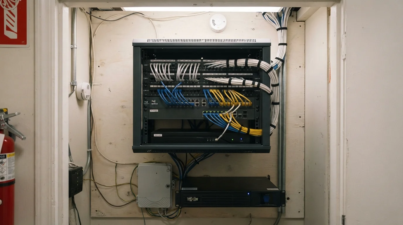 Recorder and PoE switch with labeled camera cables in a closet