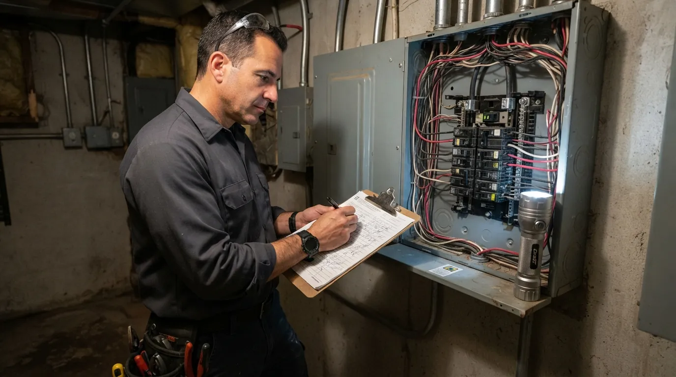 Electrician recording inspection findings at an open panel