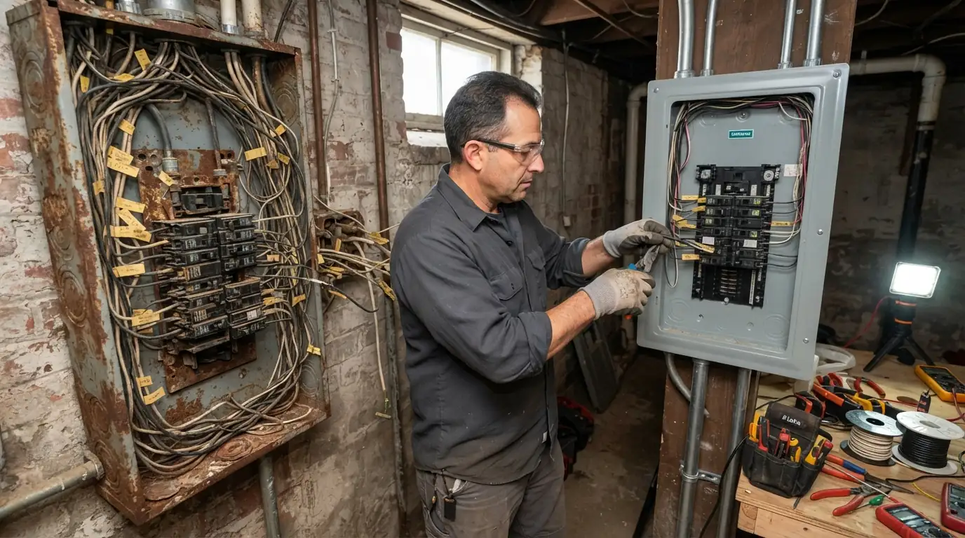 Circuits being moved from a rusted panel to a new one