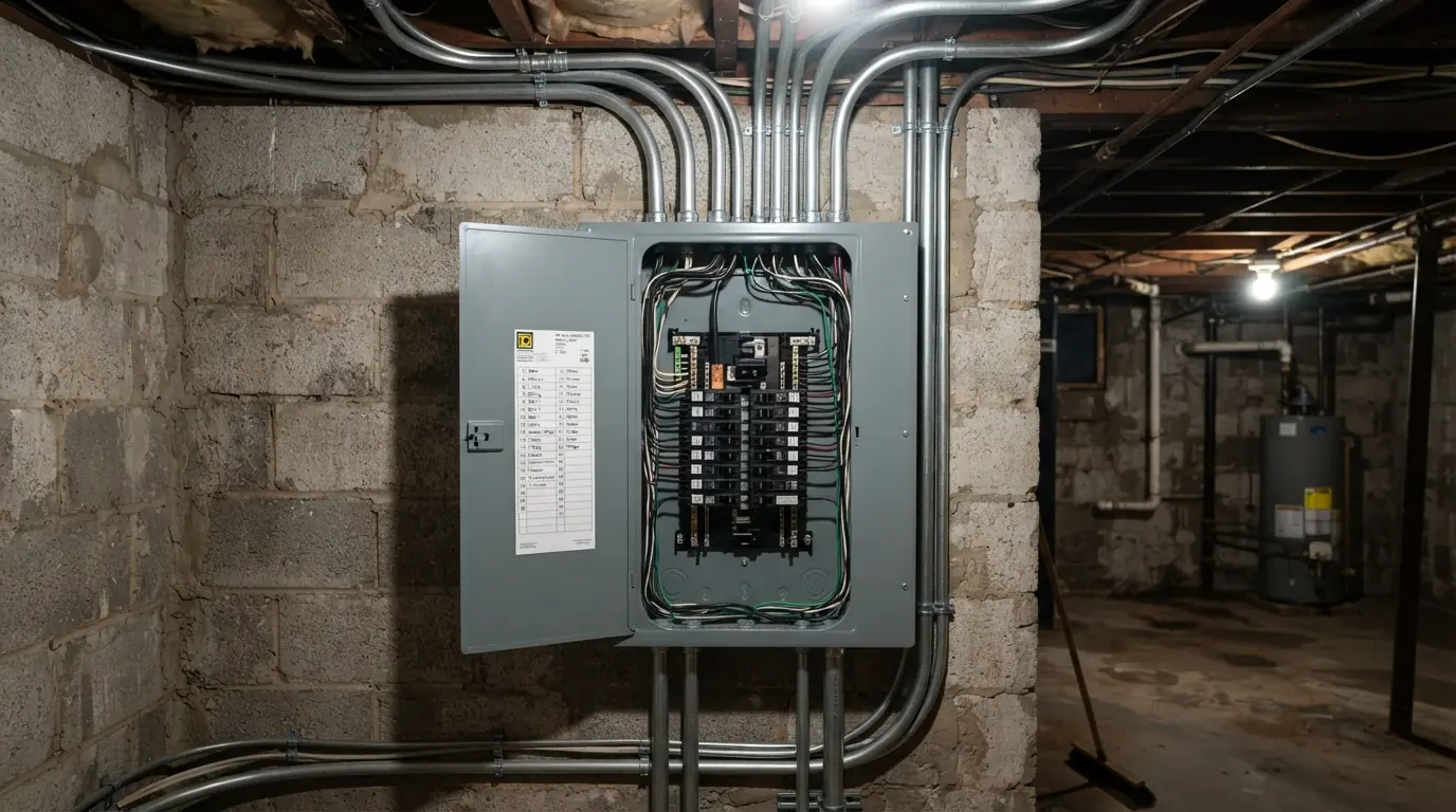 New 200 amp breaker panel with neatly dressed circuits in a New York house basement