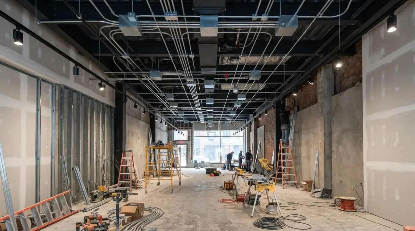 Conduit and lighting rough-in during a New York retail fit-out