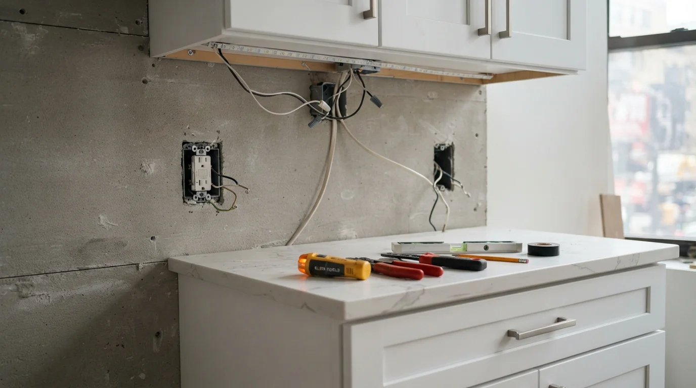 Countertop outlets and under-cabinet wiring before backsplash tile