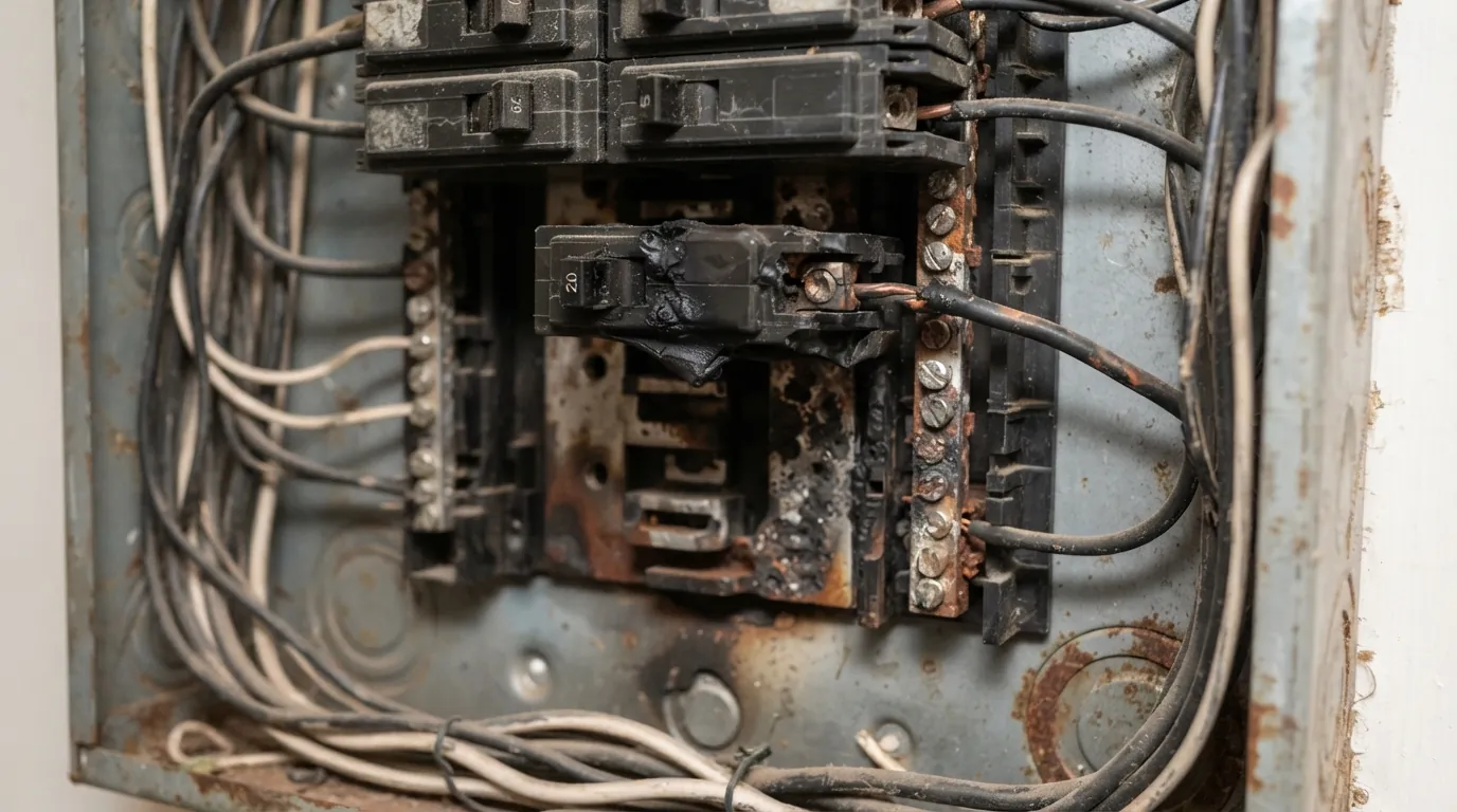 Scorched breaker and discolored bus bar in an older panel