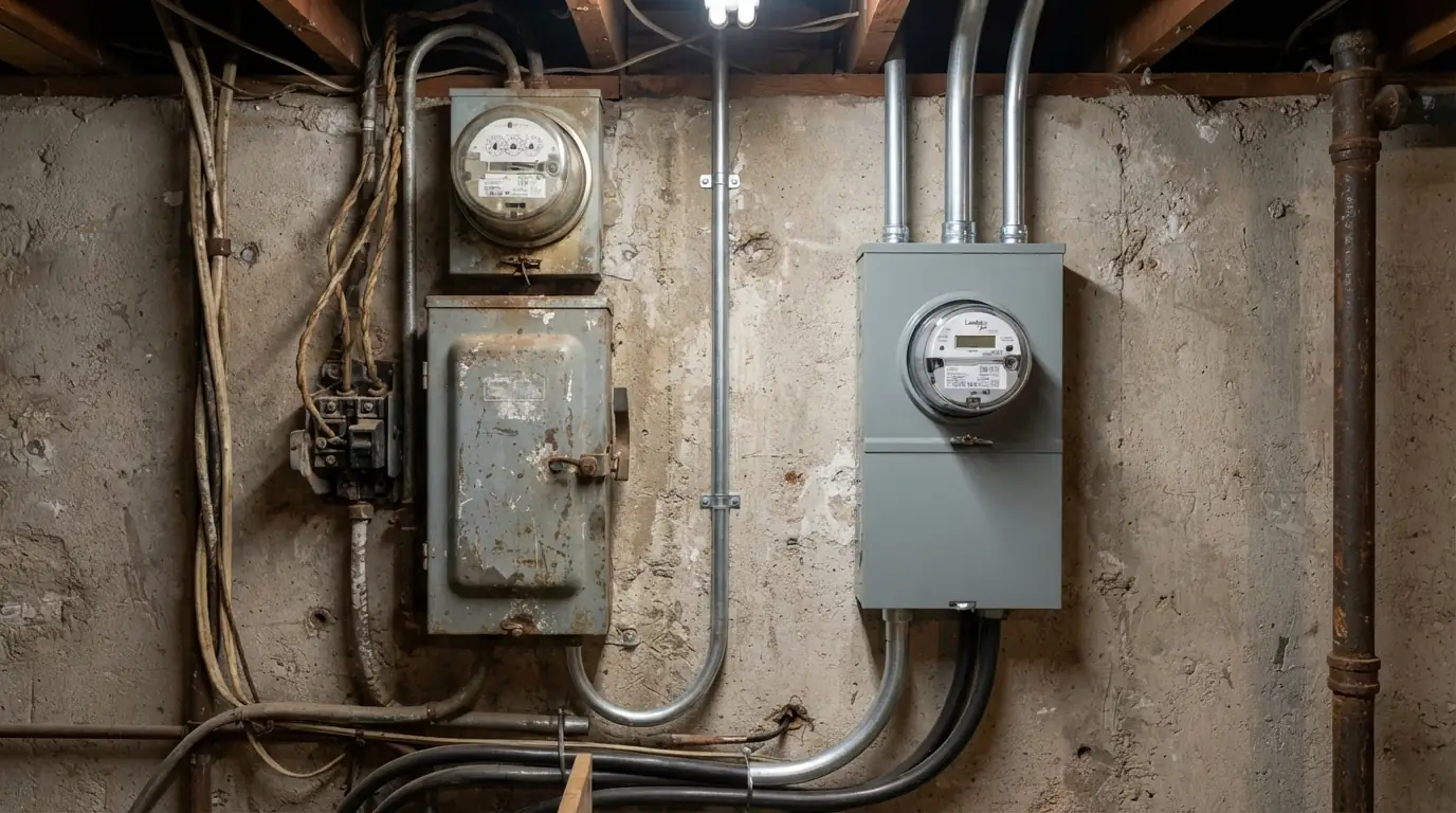 Old 60 amp service next to a new meter base
