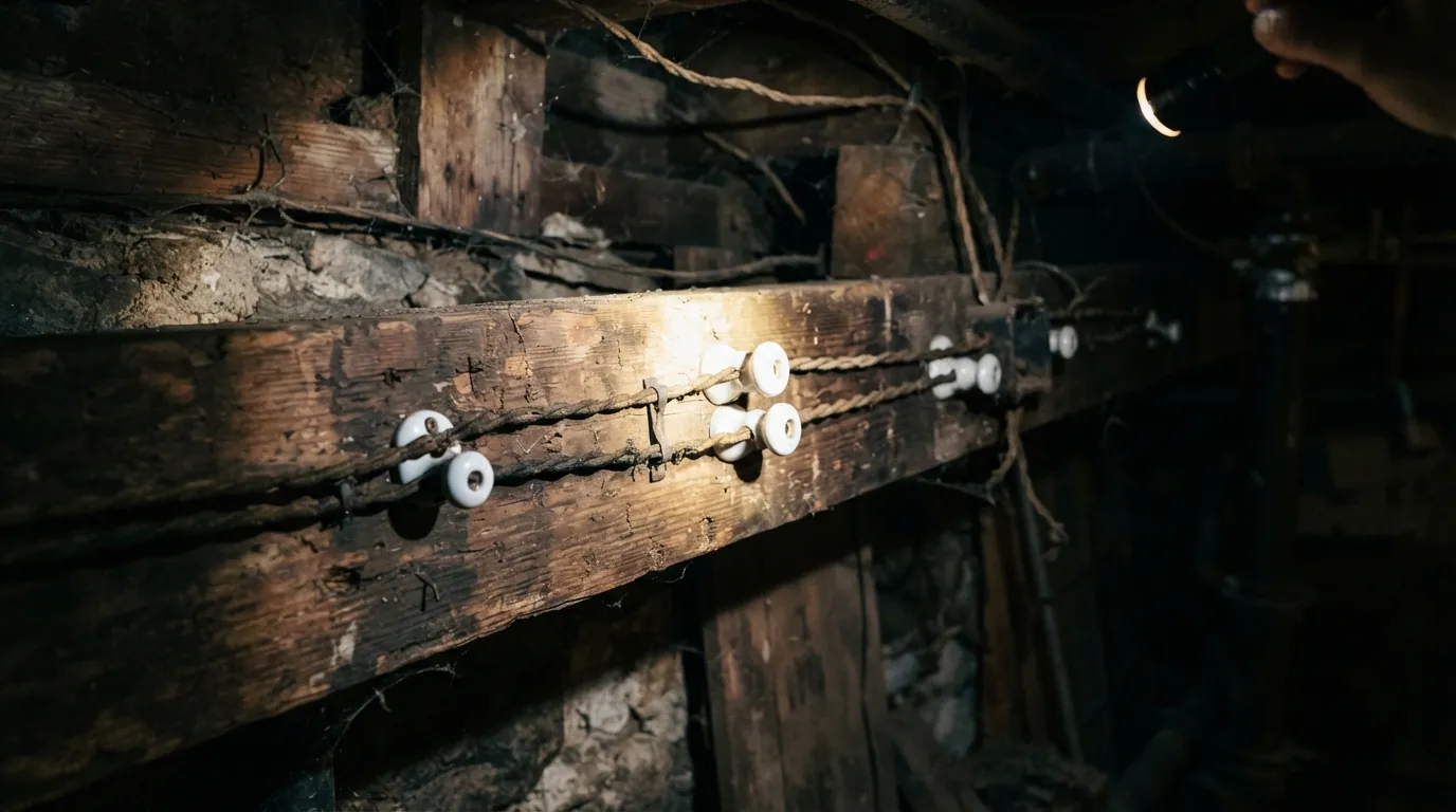Porcelain knobs and cloth-covered conductors on a basement joist in an older New York home