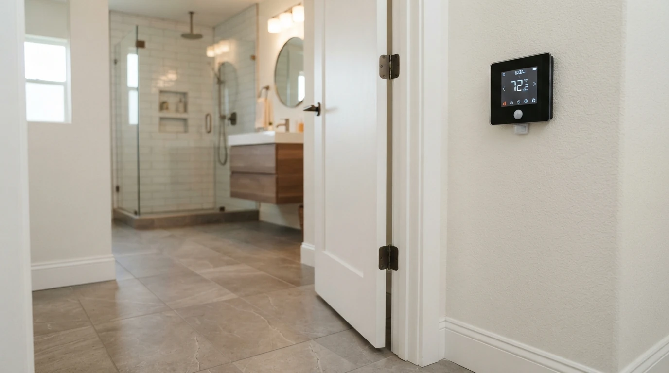 Finished heated bathroom floor with its thermostat