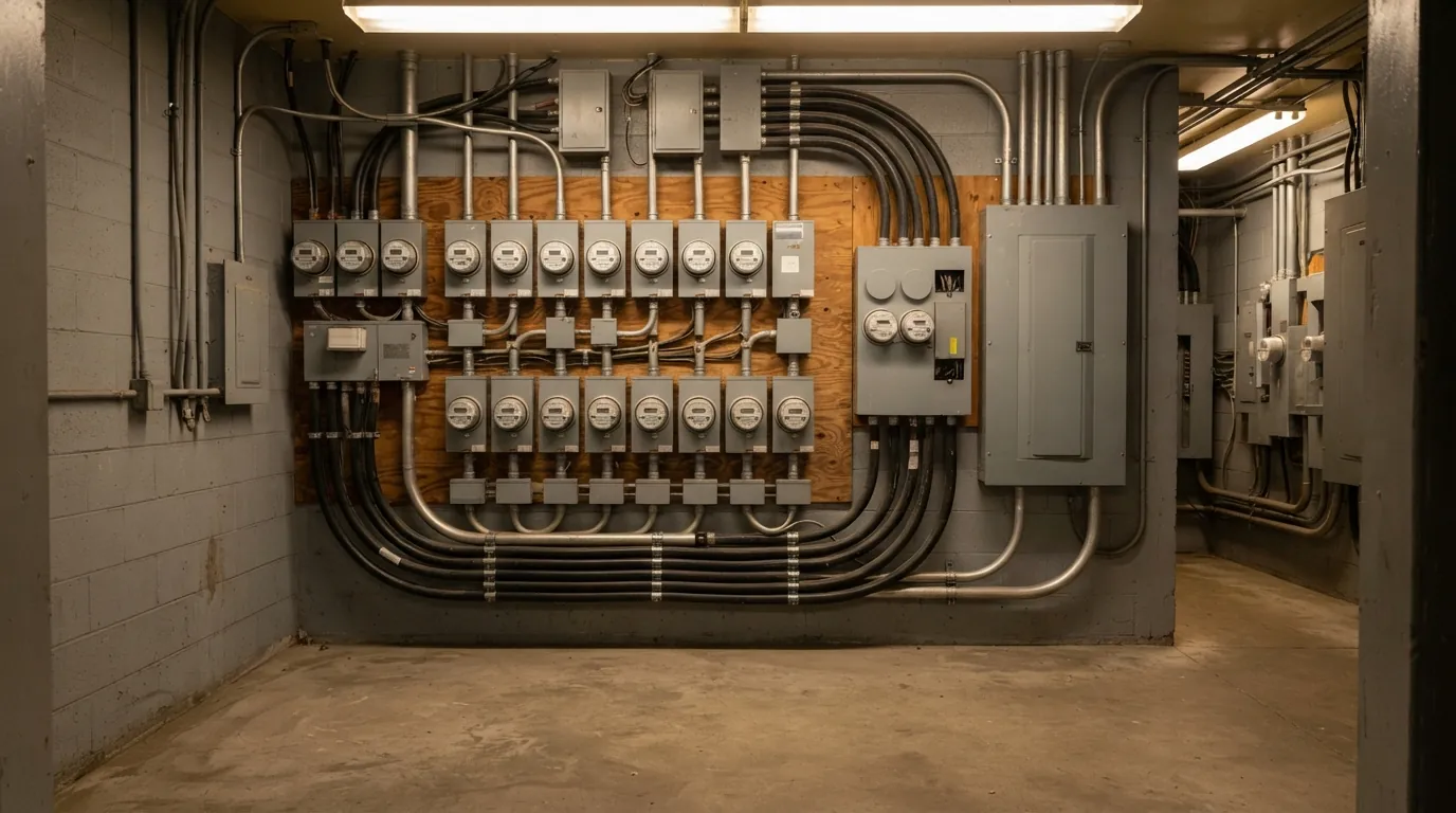 Electrical closet with meter sockets and feeders in an apartment building