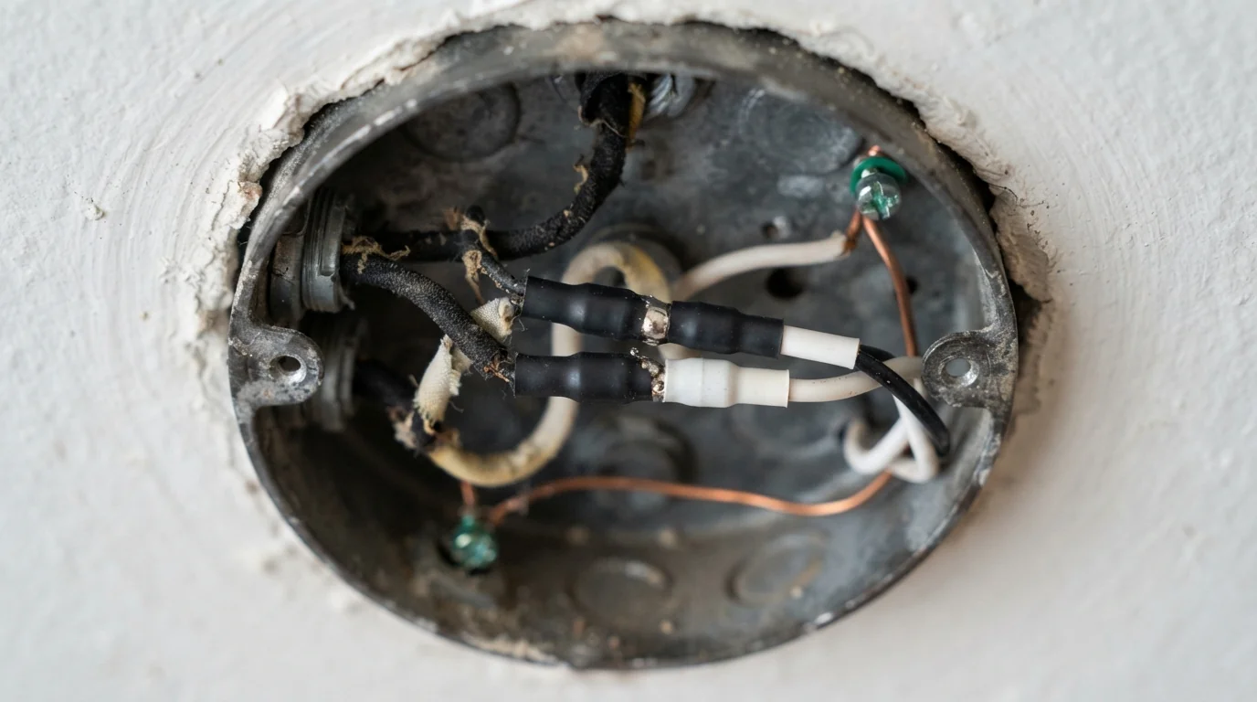Heat-shrink repair on old cloth wiring at a ceiling box