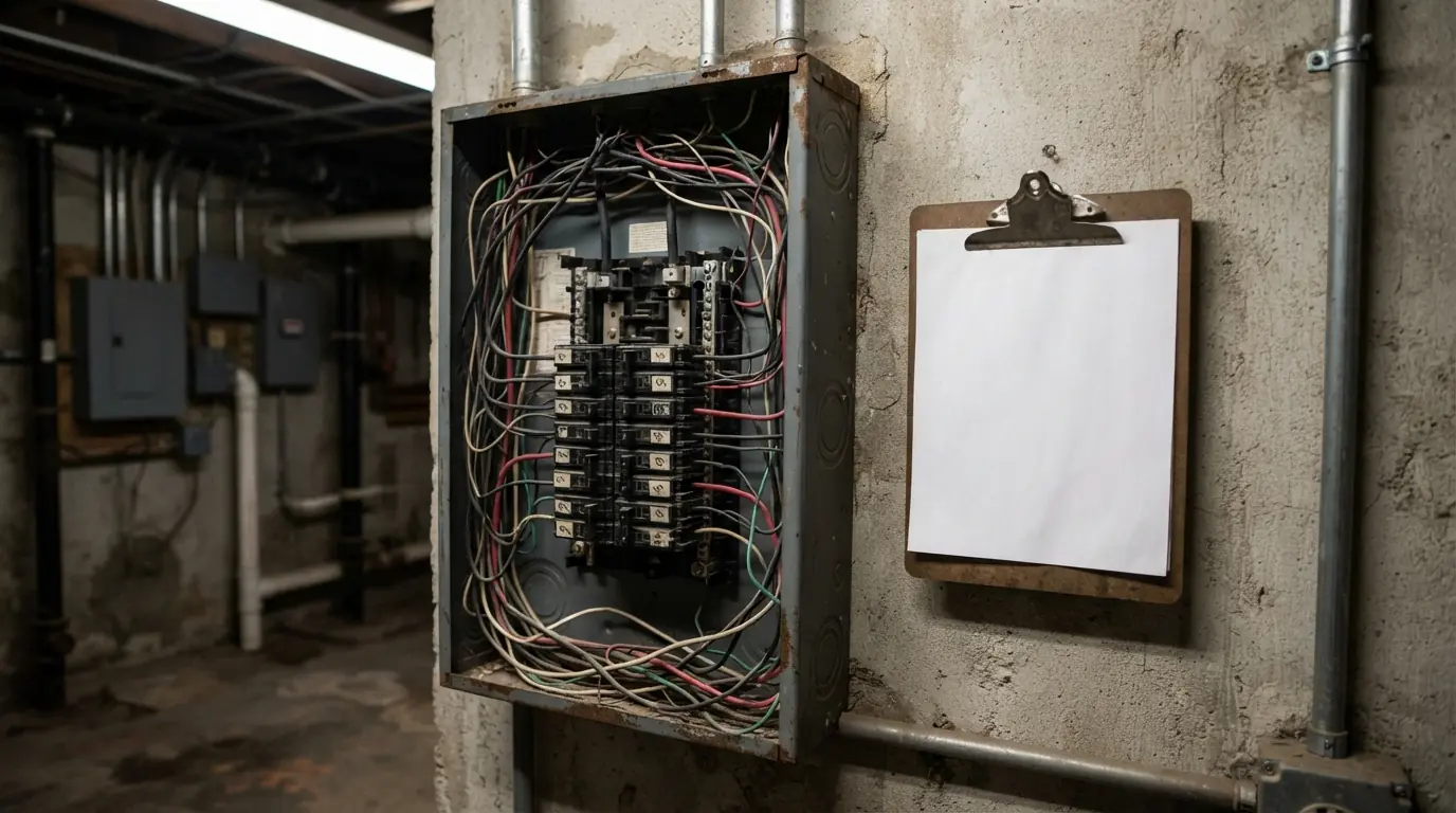 Violation notice next to an open panel in a New York basement