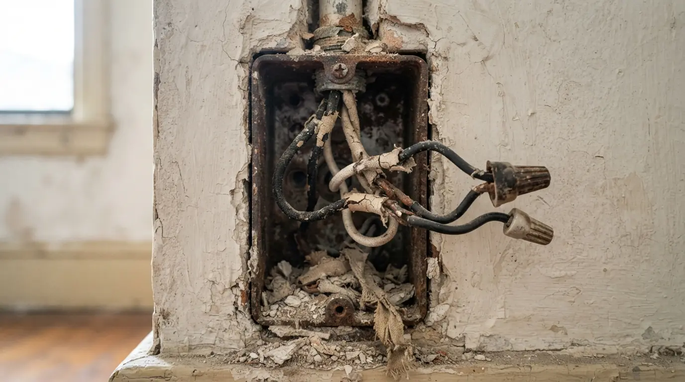 Brittle cloth-covered wiring at an outlet box in a prewar apartment