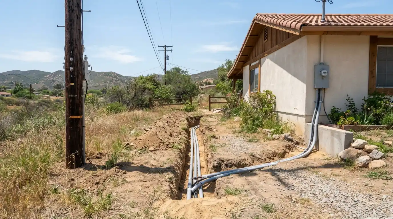 Conduit trench running from a utility pole to a house in a rural Orange County yard