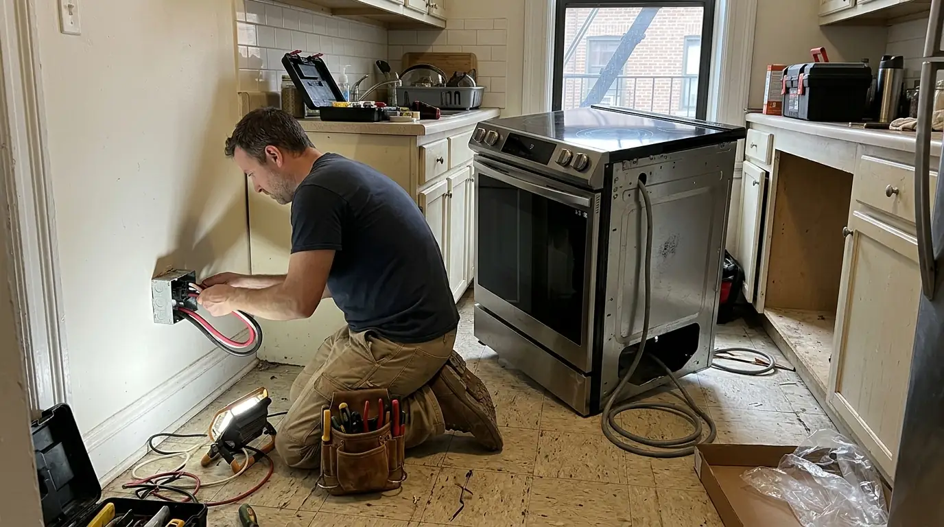 Electrician installing a range receptacle behind an induction range
