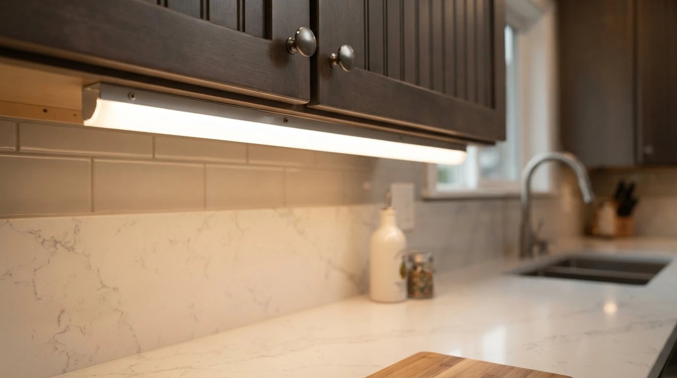 LED channel with diffuser near the cabinet front edge