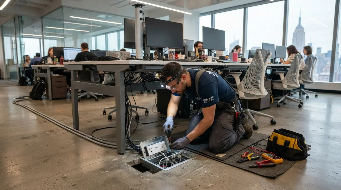 Floor box outlets being installed in an open-plan office