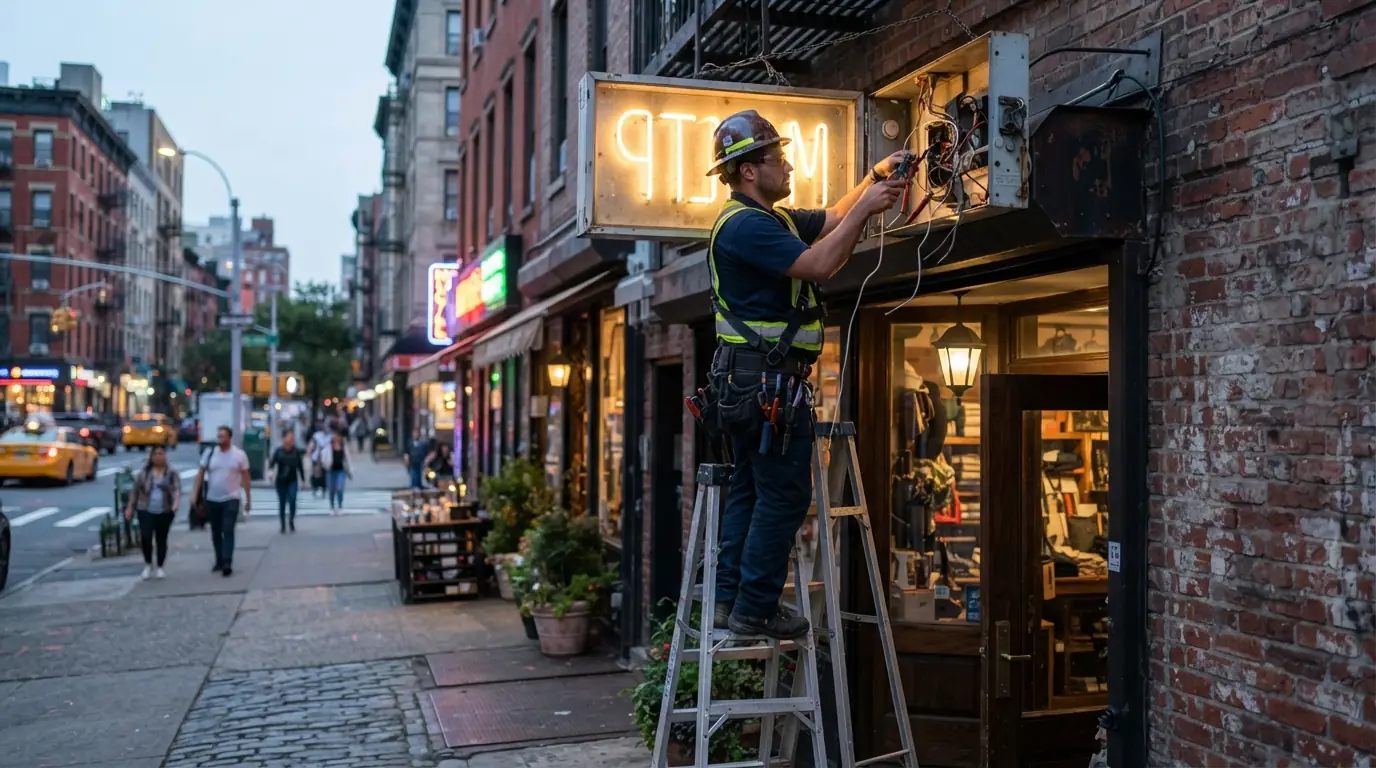 Electrician connecting a storefront sign power supply