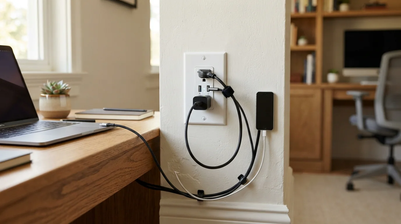 New outlet with USB port beside a home office desk