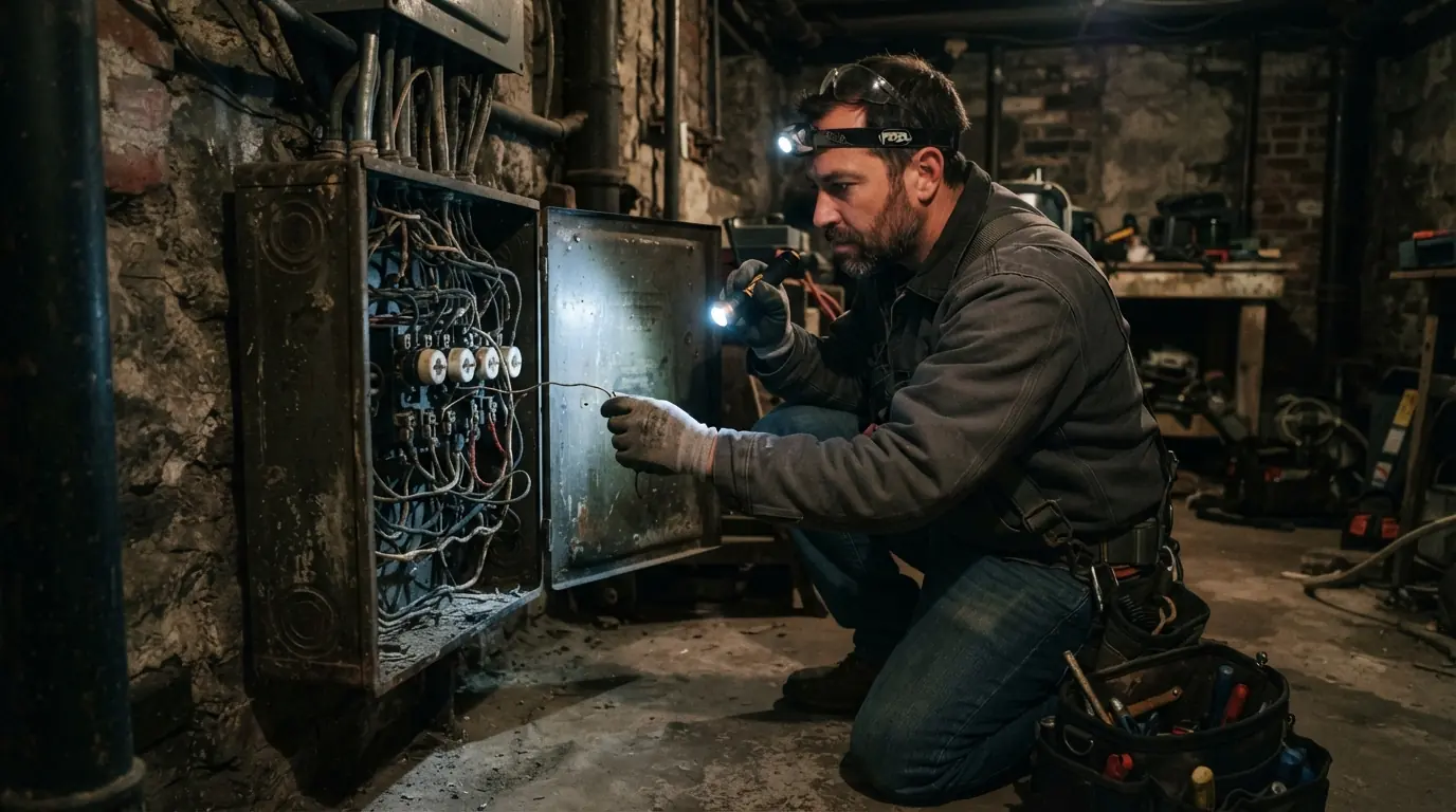 Electrician inspecting old cloth wiring at a fuse box in a Chelsea basement