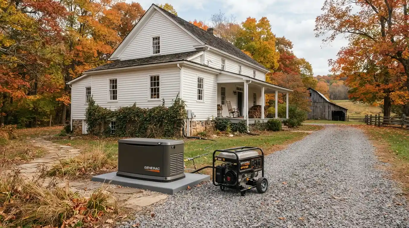 Standby and portable generators beside an Orange County farmhouse