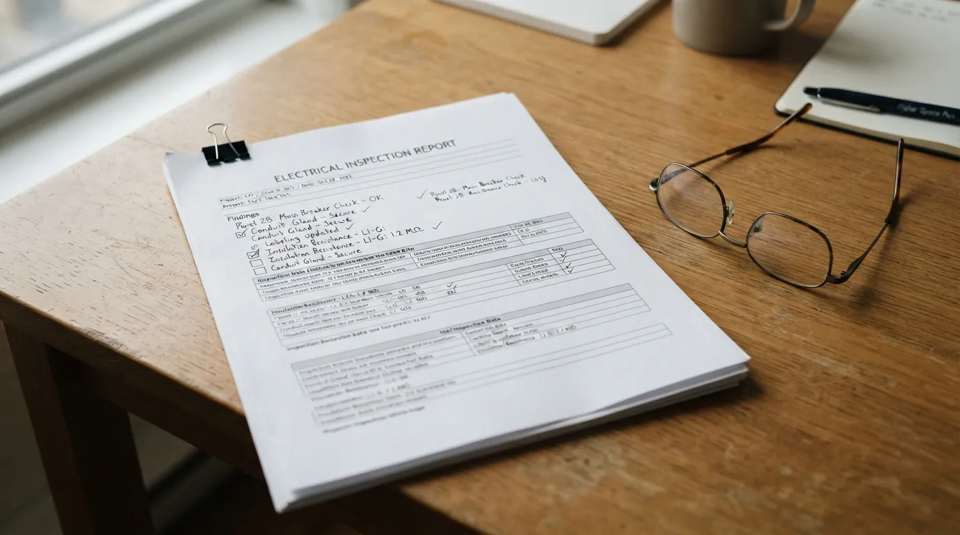 Printed electrical inspection report with panel photos