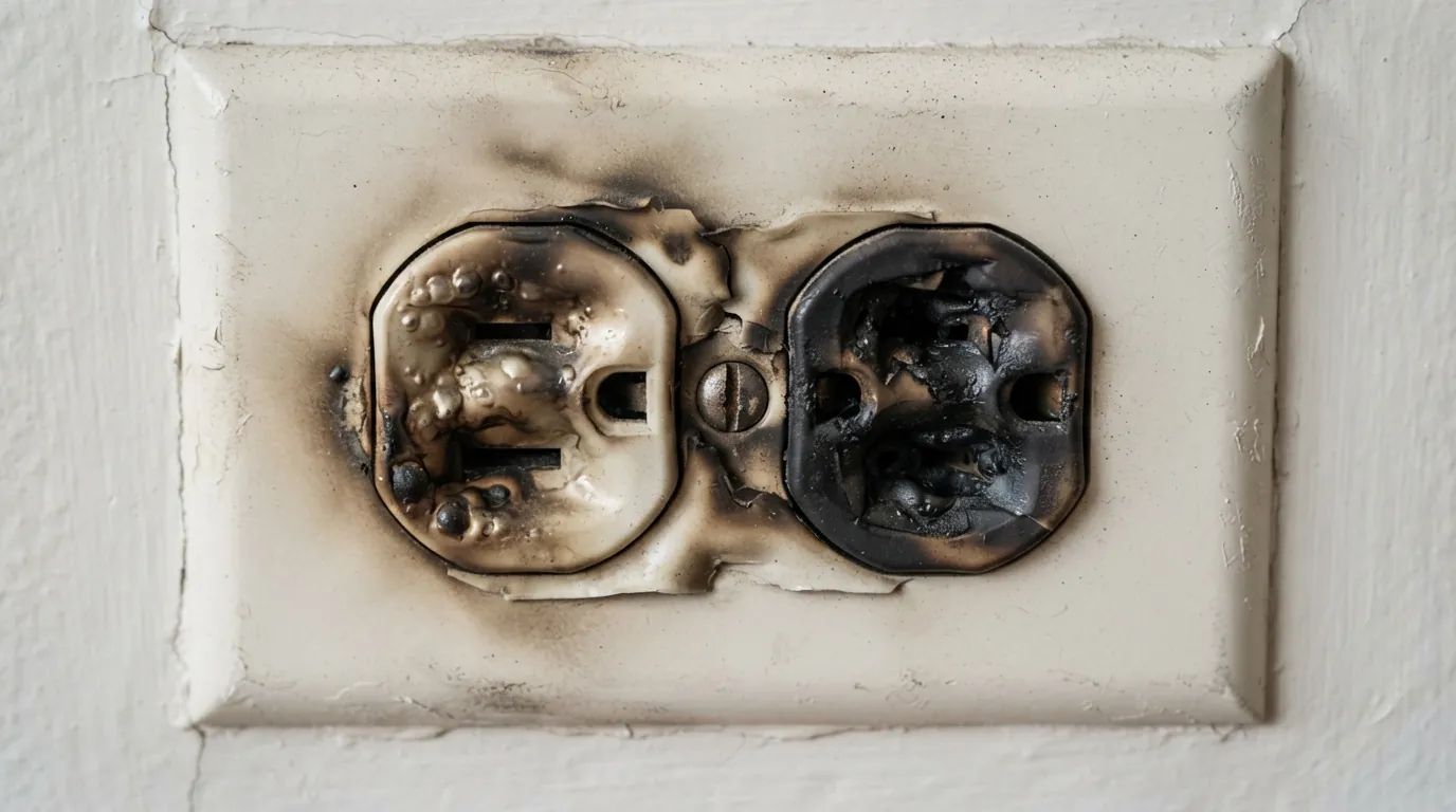 Heat-damaged outlet face with browned plastic