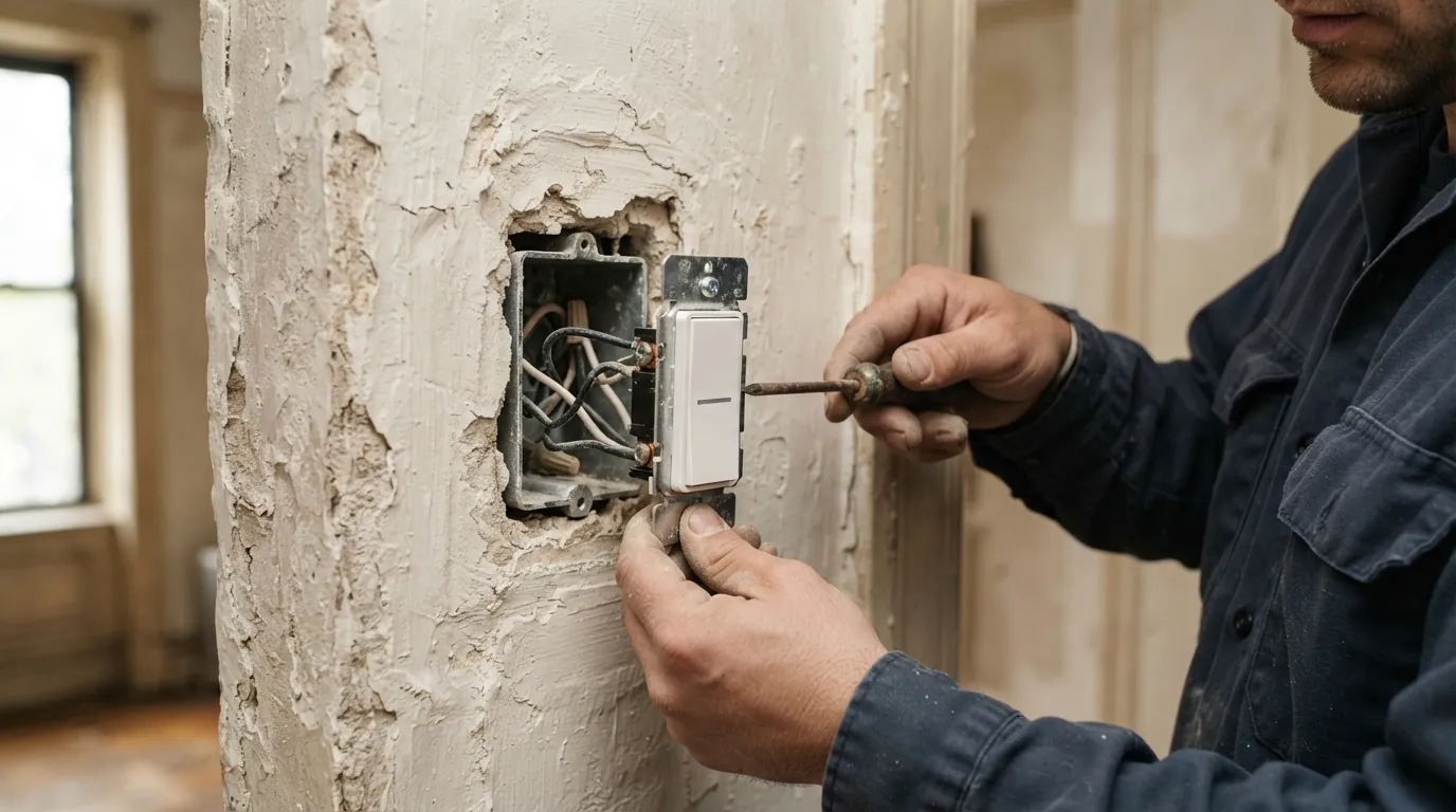 Smart dimmer being installed in a plaster wall in an older New York apartment