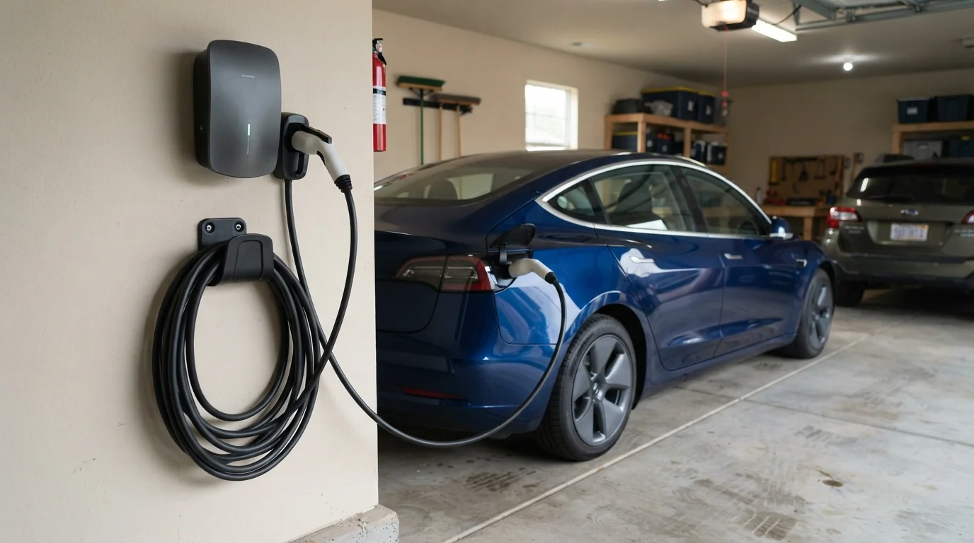 Level 2 charger with coiled cable in a home garage