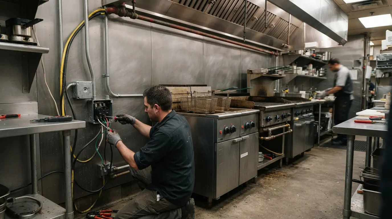 Electrician installing a three-phase receptacle behind a commercial kitchen line