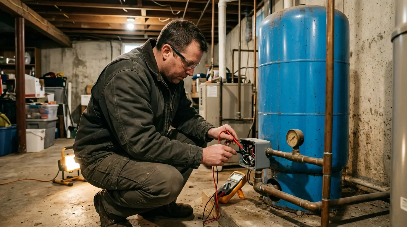 Electrician testing a well pressure switch on a pressure tank
