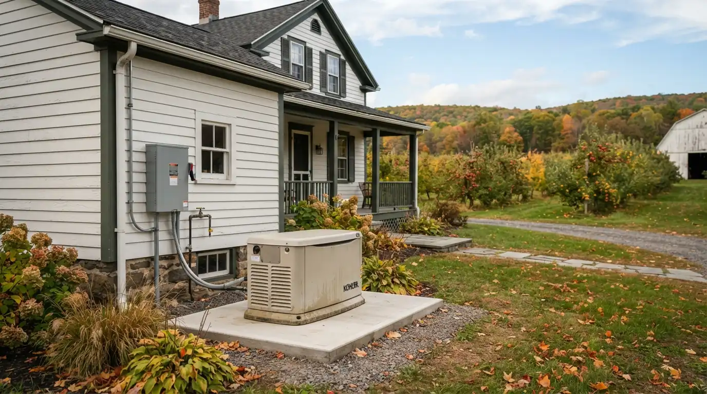 Standby generator and transfer switch beside a Warwick farmhouse