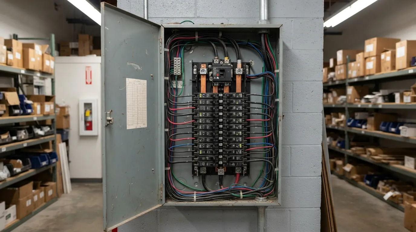 Three-phase commercial panel in a New York stockroom