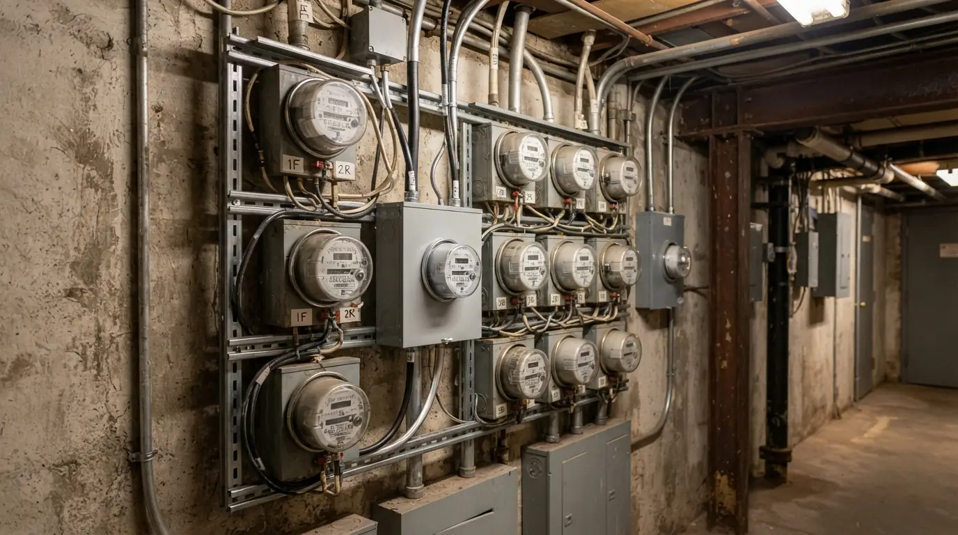 Meter bank with a new socket in a New York building basement