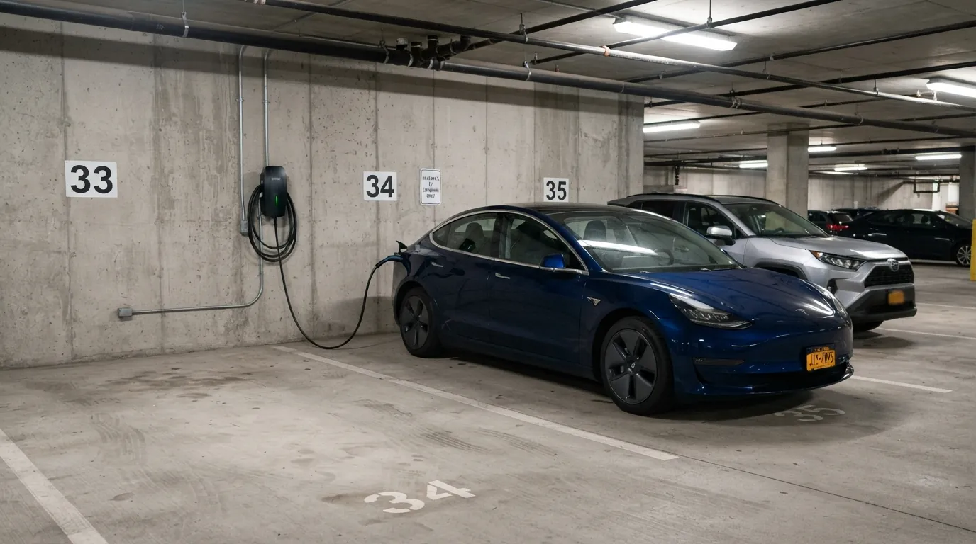 Electric car charging in an apartment building garage
