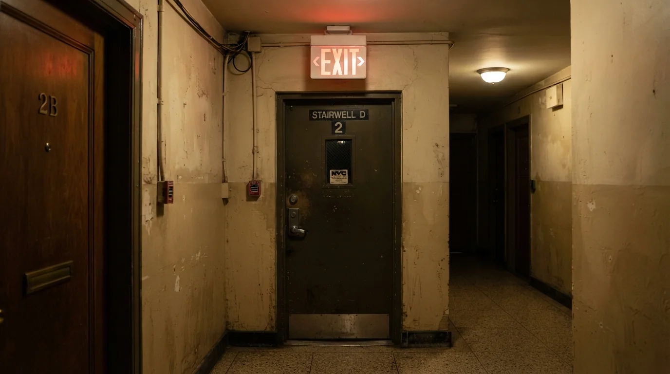 LED exit sign above a stairwell door