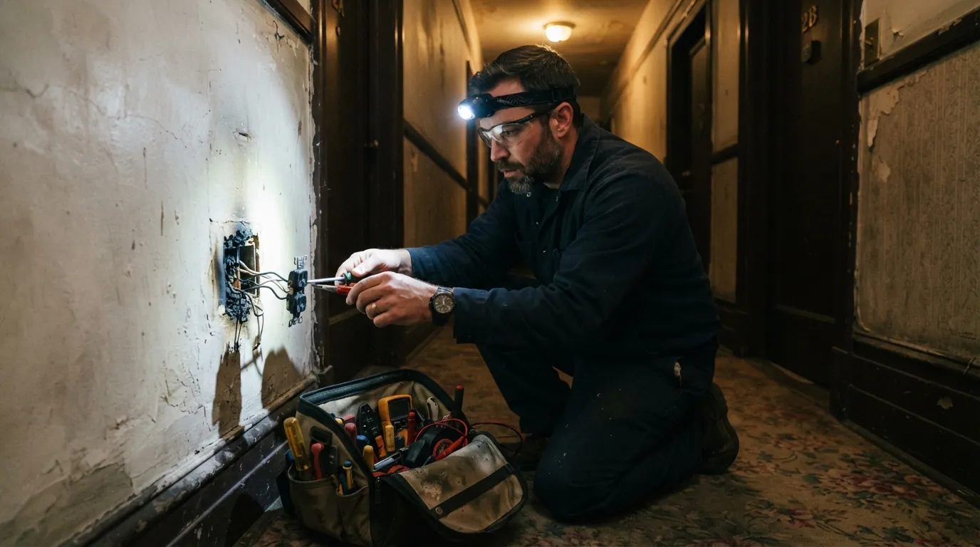 Electrician tracing a circuit with a tester and a thermal camera at an outlet in a New York apartment