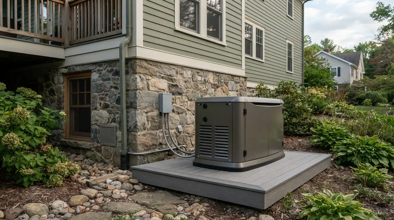 Whole-home standby generator beside a two-story house
