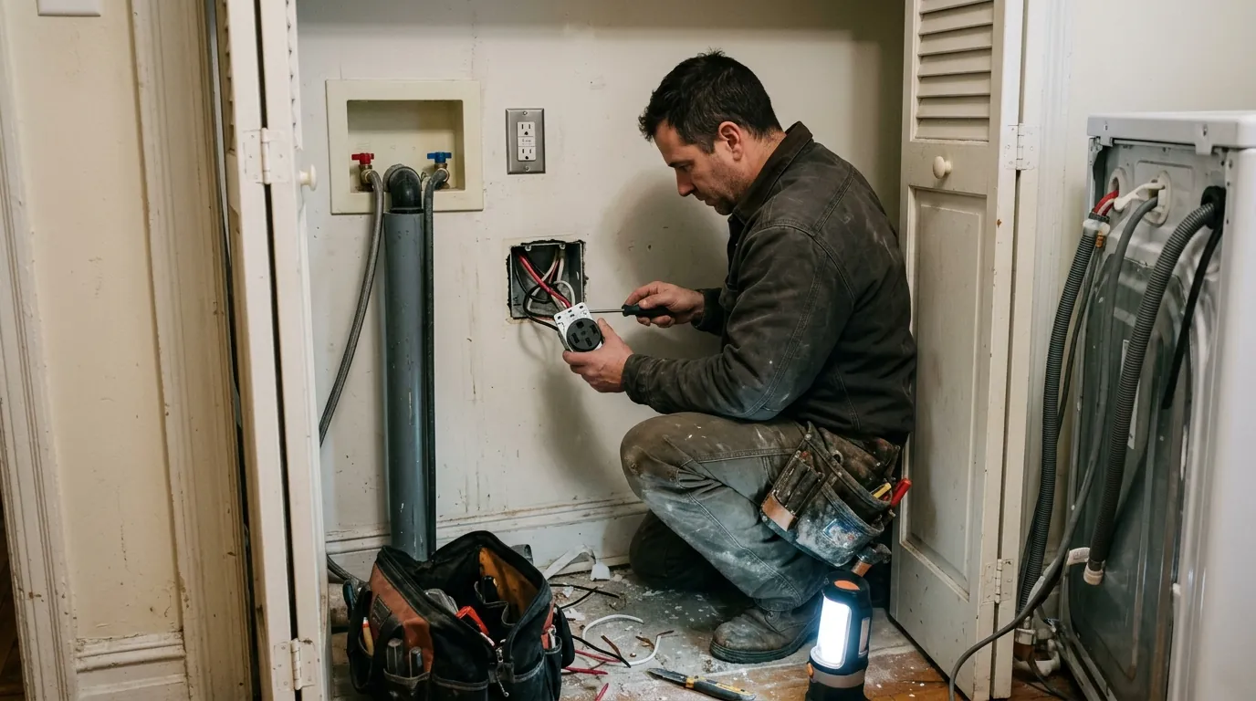 Electrician installing a dryer receptacle in an apartment laundry closet