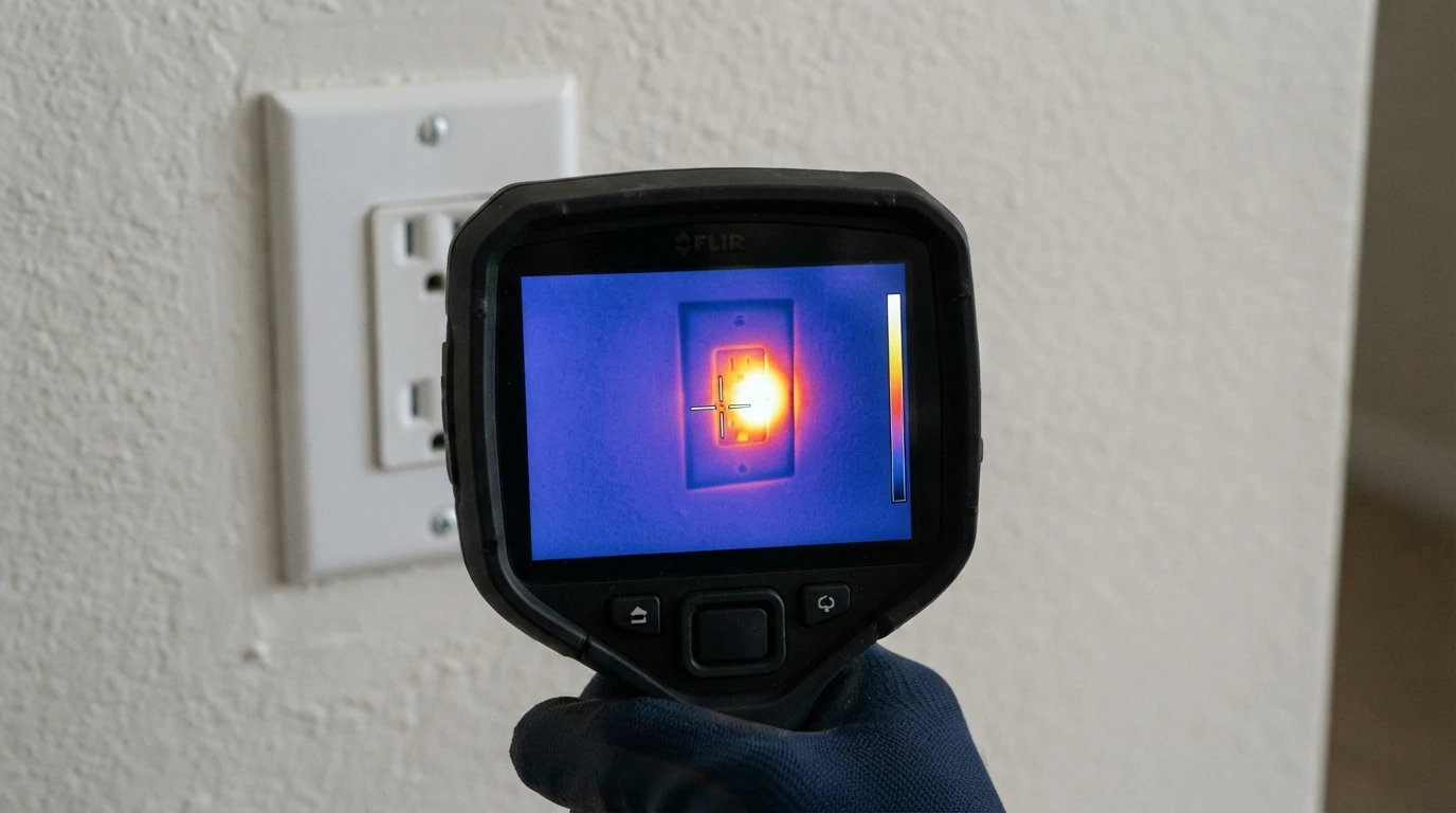 Thermal camera showing a hot spot at an outlet connection
